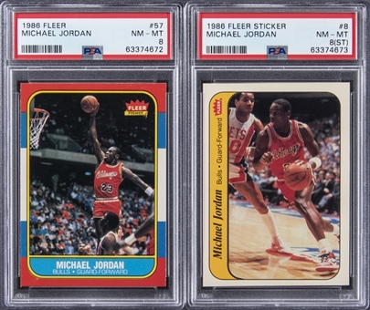 1986-87 Fleer Basketball Complete Set (132) Plus Stickers Set (11) – Including #57 Michael Jordan PSA NM-MT 8 and #8 Jordan Sticker PSA NM-MT 8 (ST)